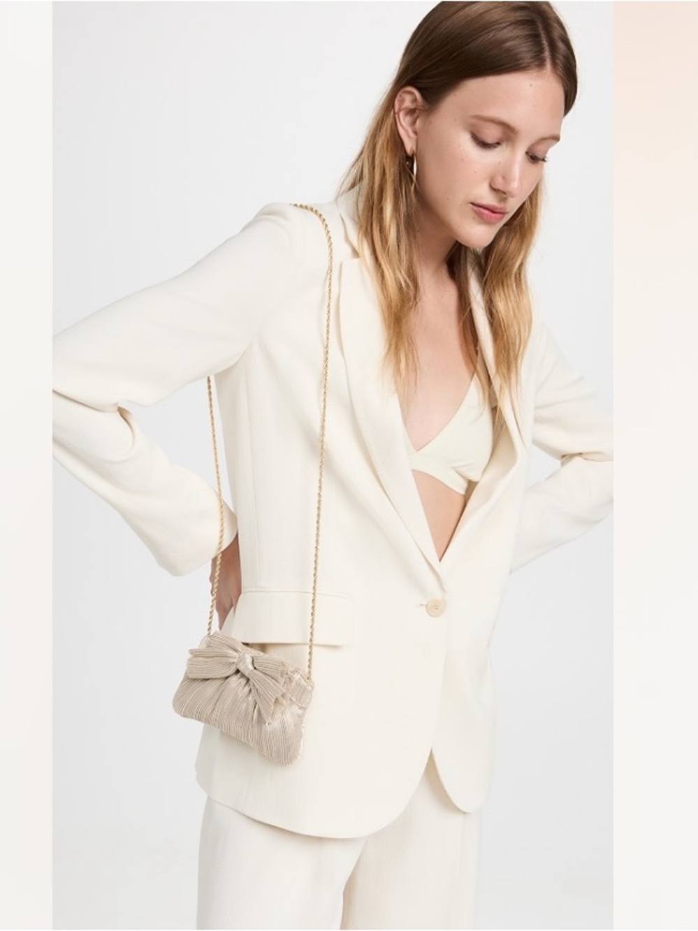 LOEFFLER RANDALL Rochelle Pleated Bow Clutch gold removable chain in platinum